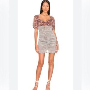 NWT Free People X Revolve Tessa Ruched Boho Floral Dress Sz L Ruched Cutout